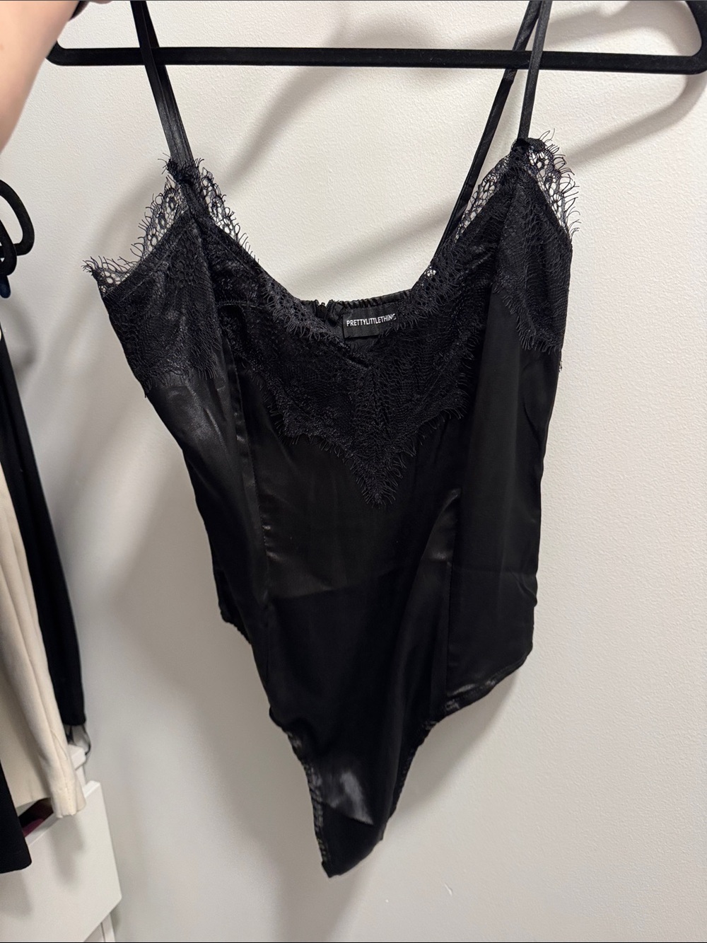 PrettyLittleThing Black Satin Lace-Trim Bodysuit